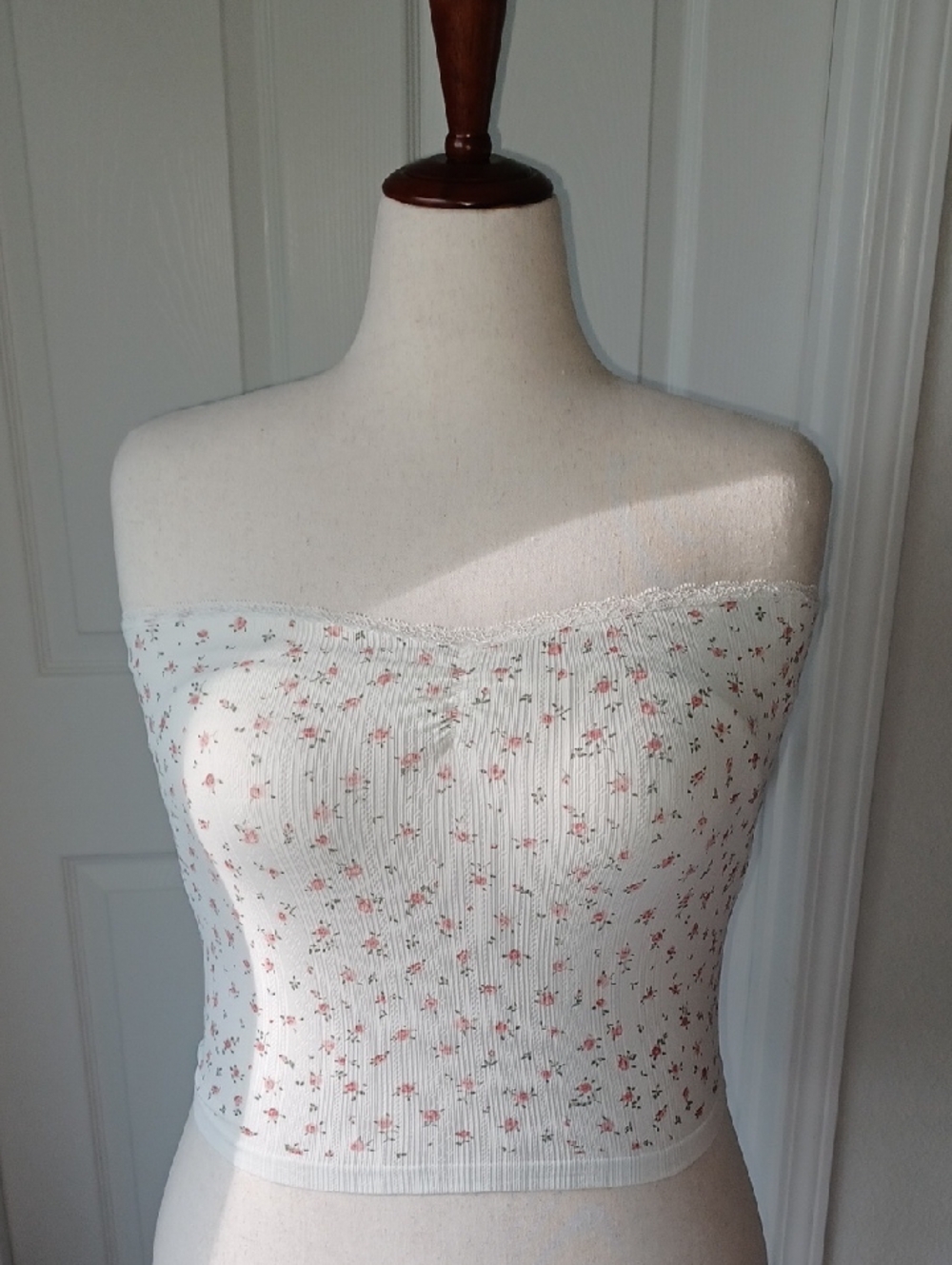 Pink Rose Cream Strapless Ribbed Crop Top with Pink Floral Print L/XL